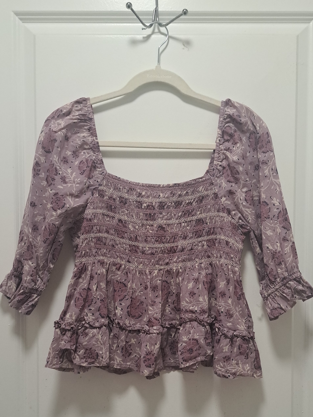 American Eagle Outfitters Lavender Floral Smocked Square-Neck Blouse